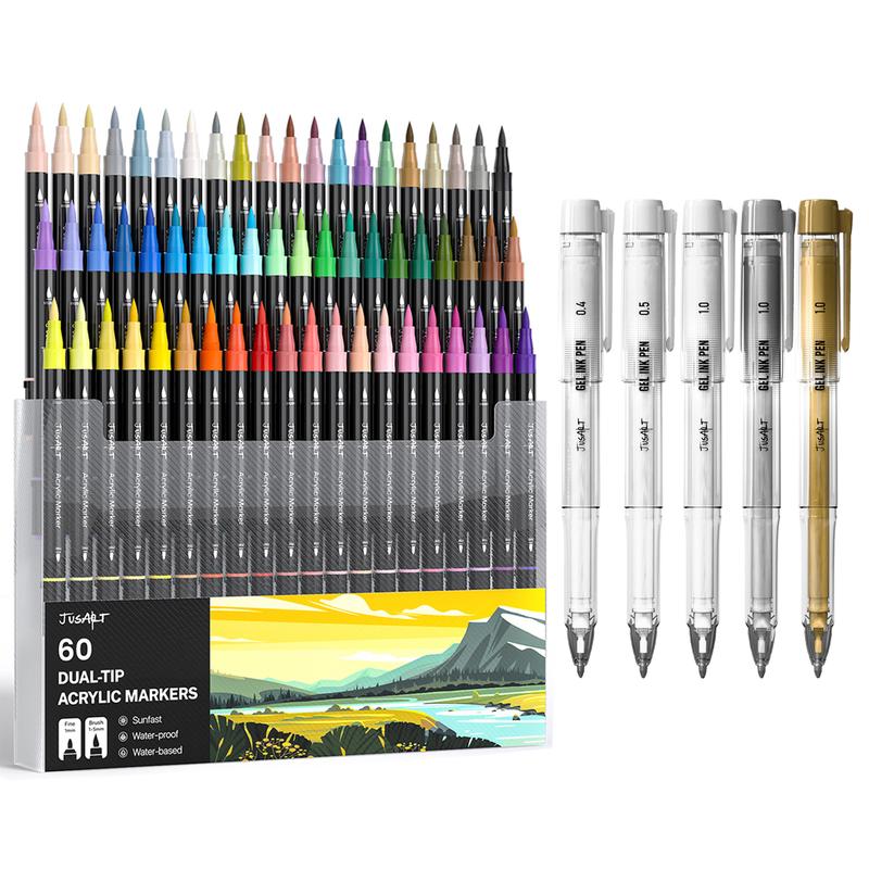 [JusArt] 60/36/24 Colors Dual Tip Acrylic Paint Pens Markers, Brush and Fine Tip, Premium Paint Pens for Various Surfaces, Acrylic Paint Markers, Markers for Coloring, Art Supplies, Acrylic Marker, Coloring Supplies