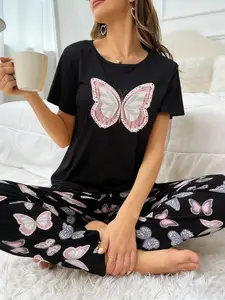 Butterfly Cartoon Print Womenswear Pajama Set, Short Sleeve Top + Long Pants, Cute Comfortable Sleepwear Loungewear Pyjamas for Spring & Fall