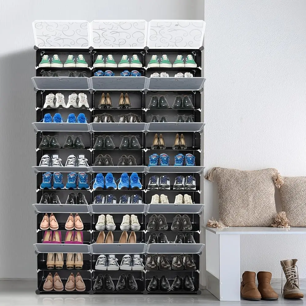3 Rows 12 Layers 36 Grids Grid Size 15.75*11.81inch Magic Cube Piece Shoe Cabinet Plastic Steel Wire 48.03*12.6*70.87inch Translucent Pattern Door Black Pattern Cabinet Deformable Style
