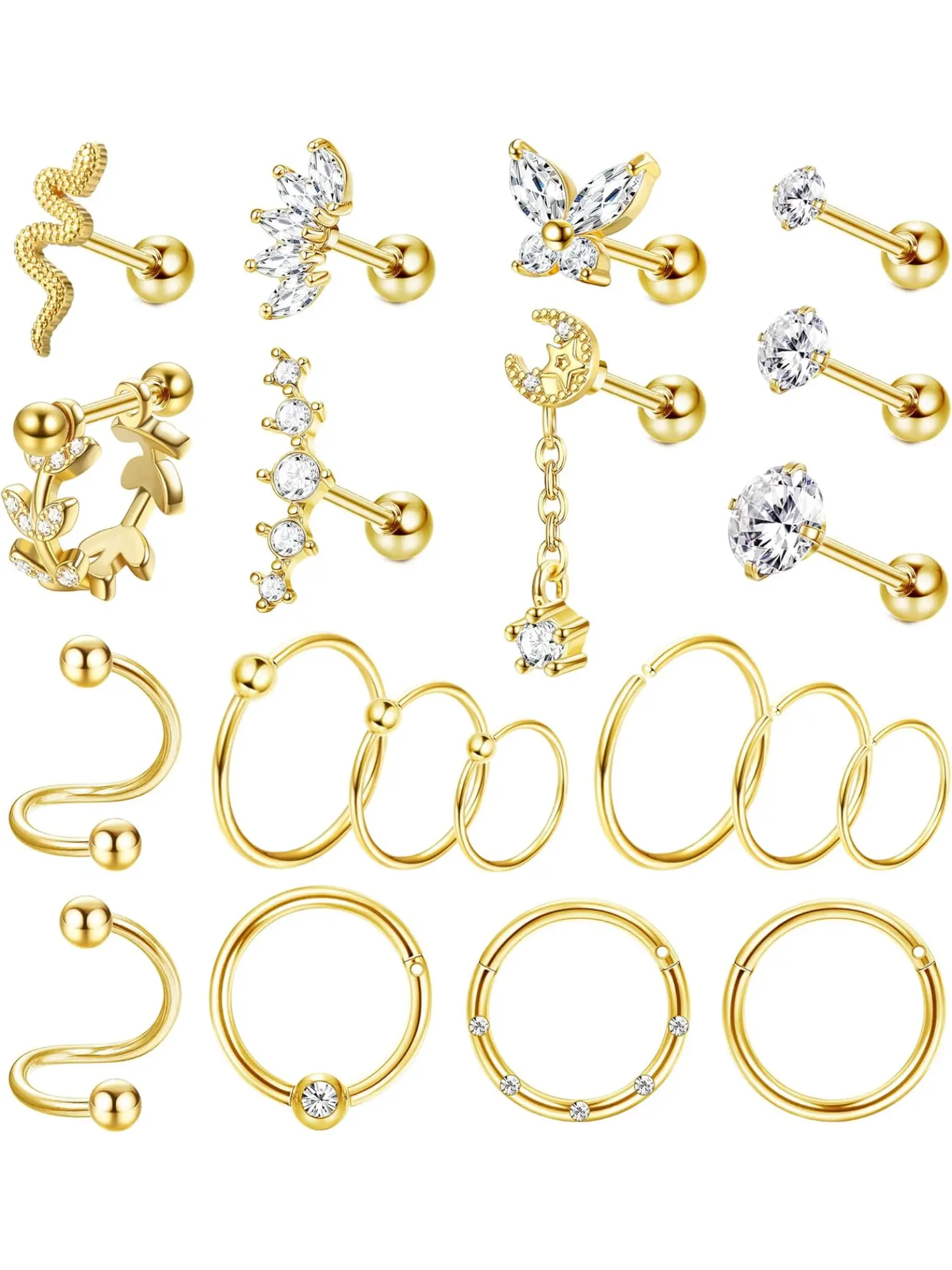 20Pcs 16G Cartilage Earring Stainless Steel Earrings for Women Snake Butterfly Screw Back Earrings Helix Conch Piercing Jewelry