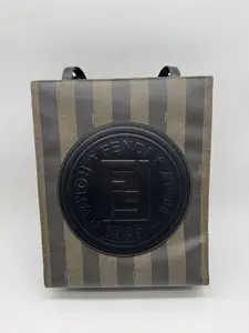 Pre-owned FENDI Vintage Brown & Black Striped Canvas Leather Patch Tote Shoulder Bag/WJ04120636/0636
