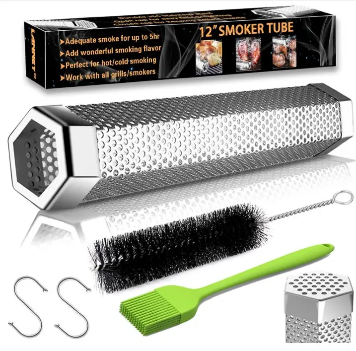 Smoke Tube for Pellet Smoker, 12'' Smoker Tube for Pellet Grill - Hot or Cold Smoker Accessories for Electric Gas Charcoal Grilling, Premium Stainless Steel Portable Barbecue Smoking Tube, Bonus Brush