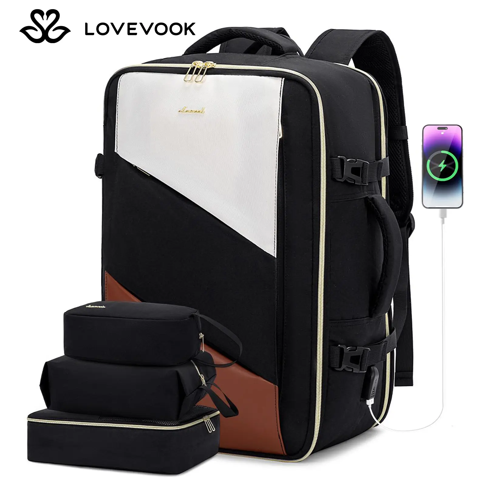 LOVEVOOK Fall Large Capacity Carry-On Travel Backpack with Laptop Compartment, 3 Packing Cubes, and Waterproof Toiletry Bag - Airline Approved Carry L