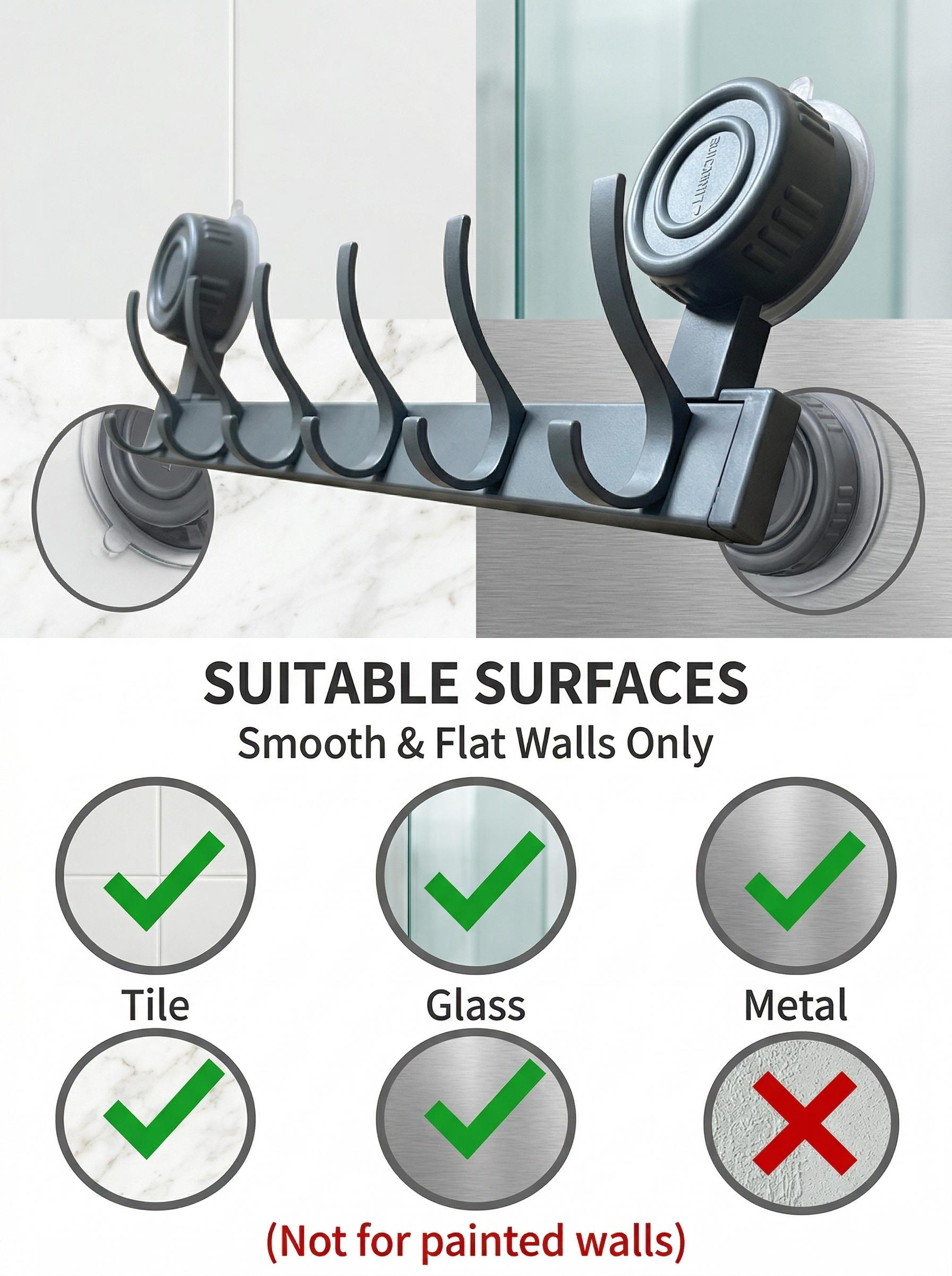 No Drill Succo Hook Rack, Heavy Duty Vacuum Suction Cup Towel Hooks for Bathroom, Wall Mounted Space Aluminum Hanger with 6 Hooks, Waterproof & Reusable, No Damage for Shower, Kitchen, RV, Renters, Hold Towels, Utensils, Robes, No Holes, Easy Install