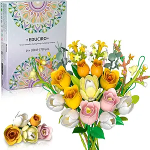 Rose Bouquet Building Set, Artificial Bouquets, Rose Tulip Flowers Botanical Collection Kit for Adults, Valentine's Day Mother's Day Gift for Her, Modern Home Office Table Centerpiece Decor