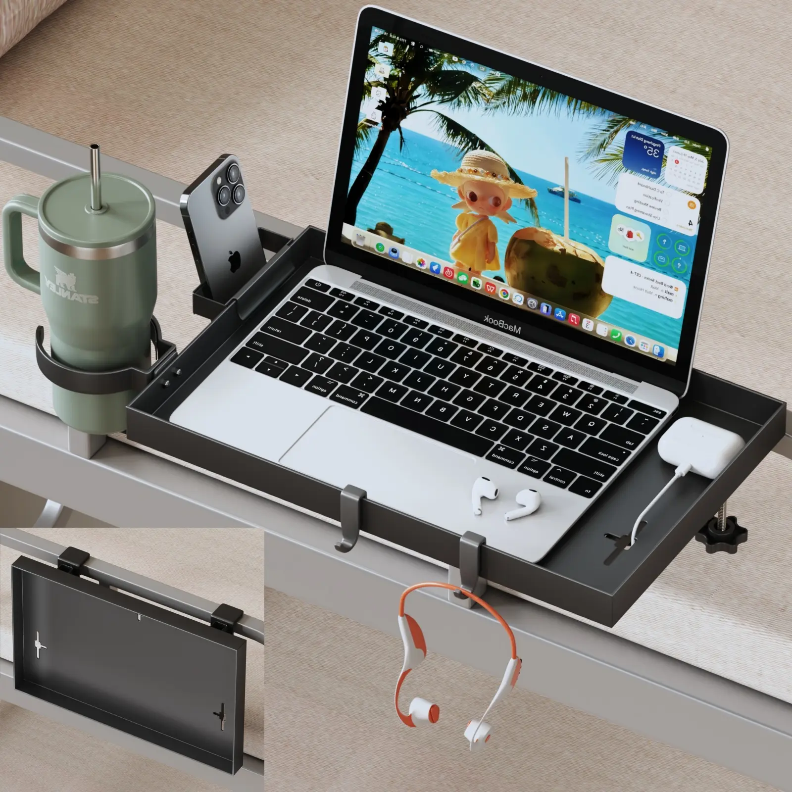 Foldable Bedside Shelf Clip-On Bedside Tray Free-Drill Carbon Steel Bedroom Shelf with Cup Holder & Cable Holes Adjustable Clamp for College Dorm Shopping Space-Saving Home Organizer for Renters Folding backtoschool student storage movable