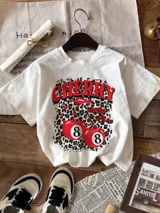 Cherry With Love 8-Ball Leopard Print Graphic T-Shirt, Retro Y2K Cherry Print Tee, Oversized 【100% cotton】 Shirt, Vintage 90s Casual Short Sleeve Top, Trendy Edgy Cotton Tee for Everyday Wear and Retro Outfits