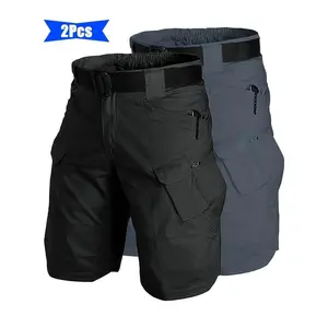 2PCS Men's Tactical Cargo Shorts - Solid Color, Non-Stretch Fabric  Multi-Pocket Durable Casual Shorts with Zippered Pockets Regular Fit for Outdoor Hiking Everyday Use (No Belt Included)