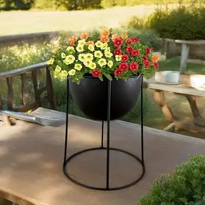 Iron Art Flower Pot with Stand, Round Planter, Indoor Outdoor Use, Durable Iron Material, Perfect for Home Decor, Garden Plants, Garden Accessories, Easy Assembly