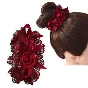 Vintage Lace Scrunchies Flower Beads Decor Hair Tie Elegant Hair Rope Ponytail Holder Hair Ring Elegant Hair Accessories For Women