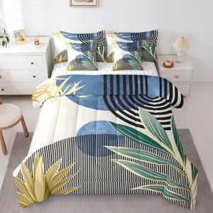 Mid Century Modern Bedding Sets,Modern Boho 7 Piece Comforter Set,Abstract Minimalist Art Bed in a Bag,Arch Curve Leaves Aesthetic Sheet Set