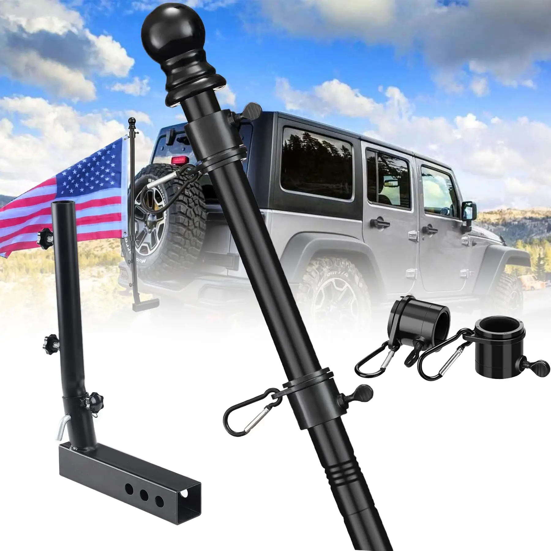 Truck Flag Pole Kit with Trailer Hitch Holder - Heavy Duty Tangle Free Flagpole for Trucks,Upgraded Windproof Holder with Longer Sleeve for Truck,Pick