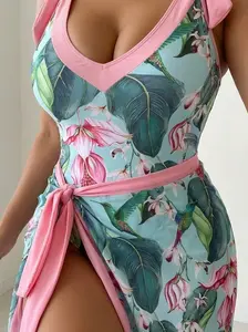 Women's V-Neck One-Piece Swimsuit Set, Slim-Fitting Belly Concealing Cover-Up Beach Dress, Stylish Swimwear for Summer