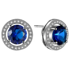 Amy & Annette Blue Crystal Halo Stud Earrings with Blue Gemstone and Silver Band