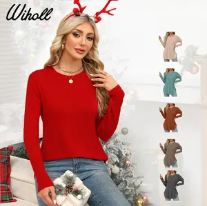 WIHOLL Womens Long Sleeve Round Neck Shirts Side Split Basic Loose Tunic Tops Casual 2025