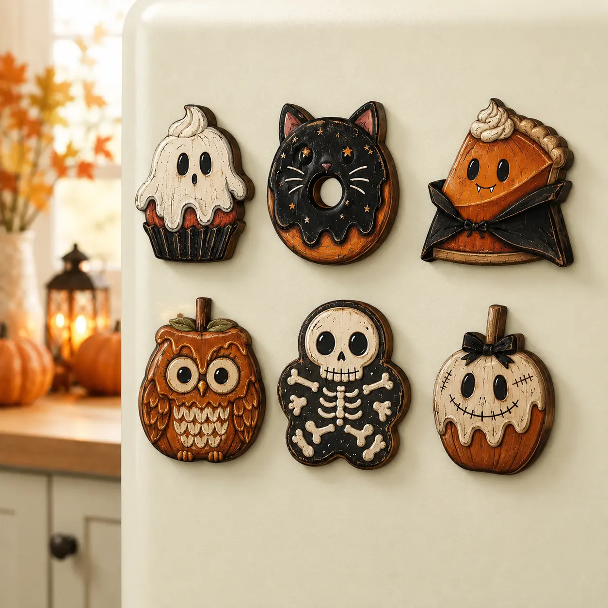 Rustic Halloween Magnets Set of 6, Wood 3mm Carved Fridge Magnet, Pumpkin Pie Ghost Cupcake Owl Fall Kitchen Decor Gift