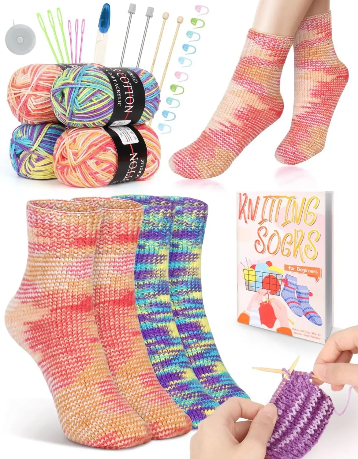 Katech Knitting Kit for Beginner Adults W/Socks Step-by-Step Instruction | 4 Pcs Socks Yarn Knitting Kit w/ Knitting Needles, Beginner Knitting Kit for Learn to Knit Sock Kits Gift Blue-orange Gift