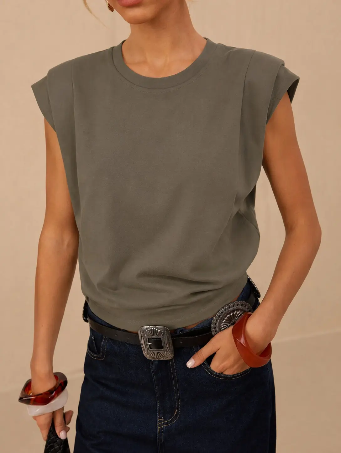Women’s Chic Comfortable Essential Everyday Elegance Tops - Pleated Cap Sleeve Crewneck, Flutter Sleeve, Casual Loose Fit Sleeveless Summer Basic Blouse, 3 Colors Available[6999], Minimalist