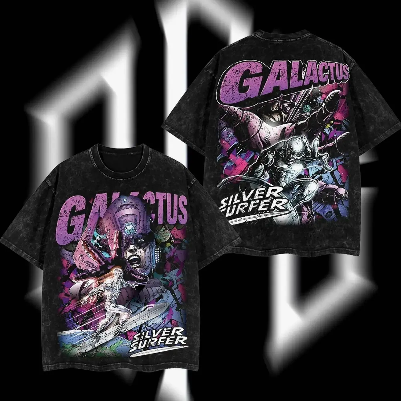 SuperStyle Unisex Shortsleeve Seamless Fit Cotton T-Shirt - "Silver Surfer" Herald of the End Galactus Cosmic Devourer, Oversize, Lightweight, Acid Washed, TV Series Graphic Design, Streetwear Comic Superhero Apparel Pieces GIT