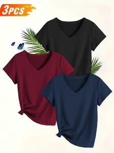 Women's 3-Pack Casual Everyday Summer V-Neck Short Sleeve T-Shirts, Slim-Fit Solid Color, Comfortable Stretch Fabric, All Seasons Top