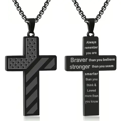 Stainless Steel Cross Charm Necklace - 1pc Geometric Bold American Flag Front, 20in Durable Anti-Tarnish Chain & Link, 1.8in Charm, Gift Boxed for Bf (Birthday, Father's Day), Faith-Inspired Accessory