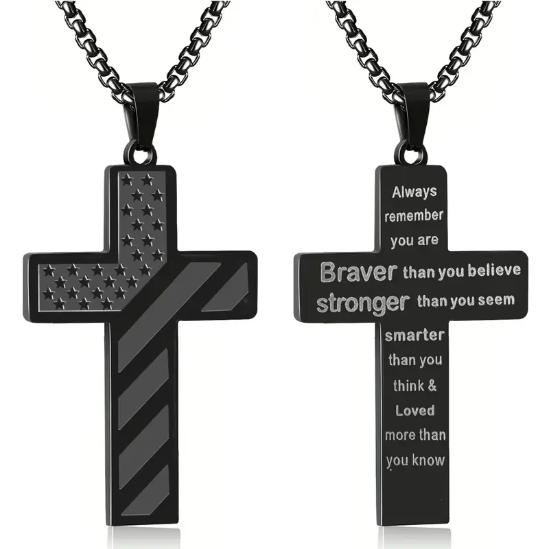 Stainless Steel Cross Charm Necklace - 1pc Geometric Bold American Flag Front, 20in Durable Anti-Tarnish Chain & Link, 1.8in Charm, Gift Boxed for Bf (Birthday, Father's Day), Faith-Inspired Accessory