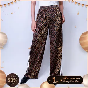 Pwest High Rise Women's Print Stretch Breathable Wide Leg Satin Pants