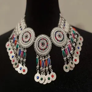 Afghan Jewelry Set with Colorful Beads and Dangling Coins for Traditional Wear