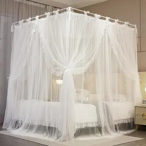 4 Corners Post Bed Lace Up Layer 4 Opening Net Mesh for Girls Bedroom Decoration(White, 78" W*86" L*82" H/King)