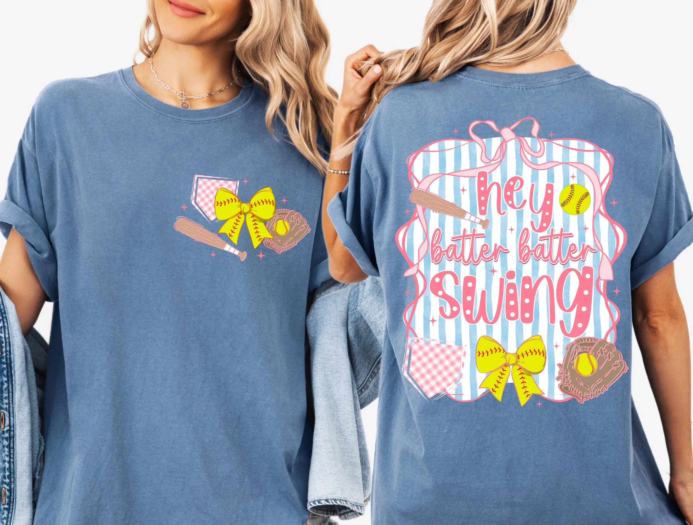 Softball Mom Comfort Colors T-Shirt, Softball Stripes Coquette Bow Sport Shirt Hey Batter Batter Swing Game Day Tee Preppy Softball Women Gift