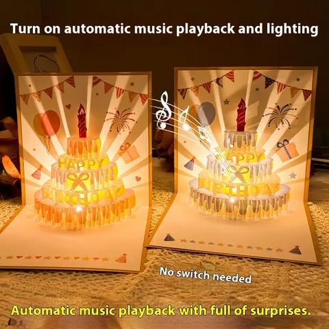 FuRise 15x15cm 3D Premium Happy Birthday Card - 3D Laser Cutting, Built-in Music & LED Lights, Warm Glowing Cake, Colored Blessings, Blue Butterfly - Office Stationery for Girlfriend, Friend Birthday Card, Anniversary Use