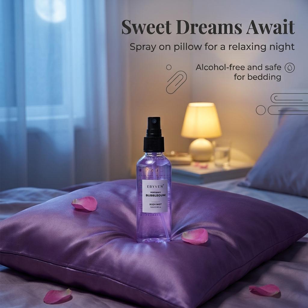 EBYVEN Bubblegum Hair & Body Fragrance Mist - Unisex Bubble Gum Perfume, Fruit-Candy-Rose-Musk Scent, Aromatic Fruity Liquid, Alcohol-Free Beauty Product, Contains Neither Alcohol, Up to 2.9 fl. oz. (100ml/3.3oz or 85ml), Single Item for Adults