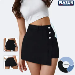 Flvsun-Denim Shorts Women Casual High Waisted Solid Button Up Asymmetrical Denim Jean Skort Skirt Mini Shorts.