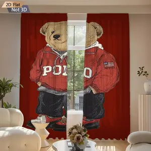 2pc Retro American Style Polo Bear Curtains, Home Decoration Curtain for Living Room, Bedroom, Balcony, Kitchen, Elegant, Privacy Drapes for All Seasons