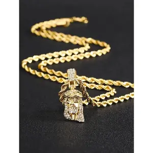Jesus Head Pendant Necklace, Rhinestone Decor Cuban Link Chain Necklace, Fashion Jewelry for Party, Daily Clothing Decor, Trendy All-match & Exquisite Jewelry for Birthday Gift