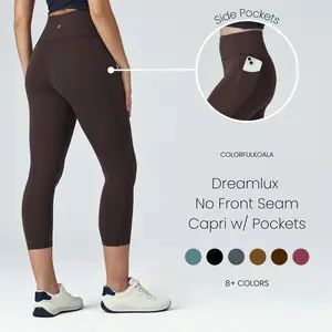 Colorfulkoala Dreamlux No Front Seam Capri Leggings w/ Pockets for Women 21" Inseam, High Waisted Yoga Pants