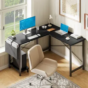 49-Inch L-Shaped Writing Desk, Corner Home Office Study Desk with CPU Stand & Side Storage Bag, Sturdy Metal Frame Workstation