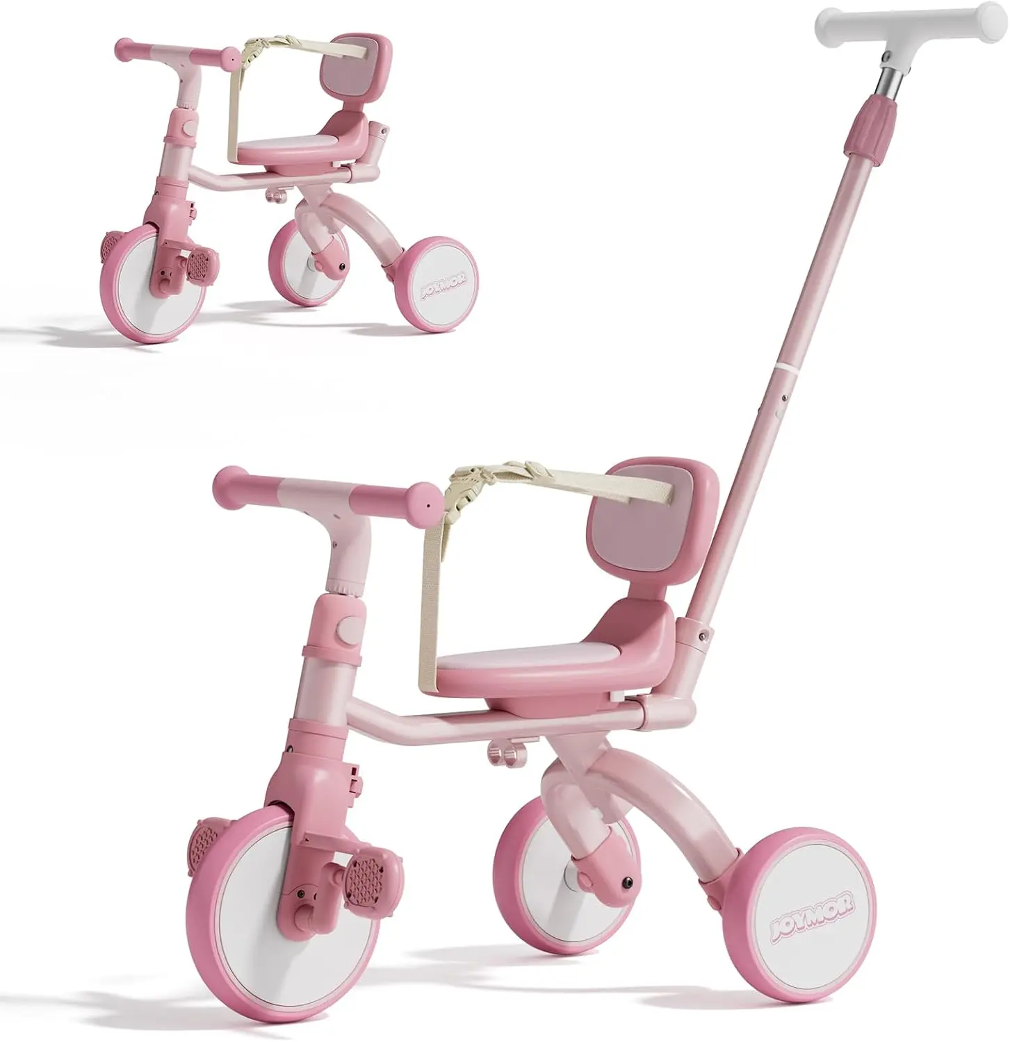 JOYMOR 5 in 1 Tricycle for Toddlers 1-3 Years Old, Baby Tricycle with Adjustable Push Handle, Safety Harness, Birthday Gift and Toy for Boys and Girls (Pink)