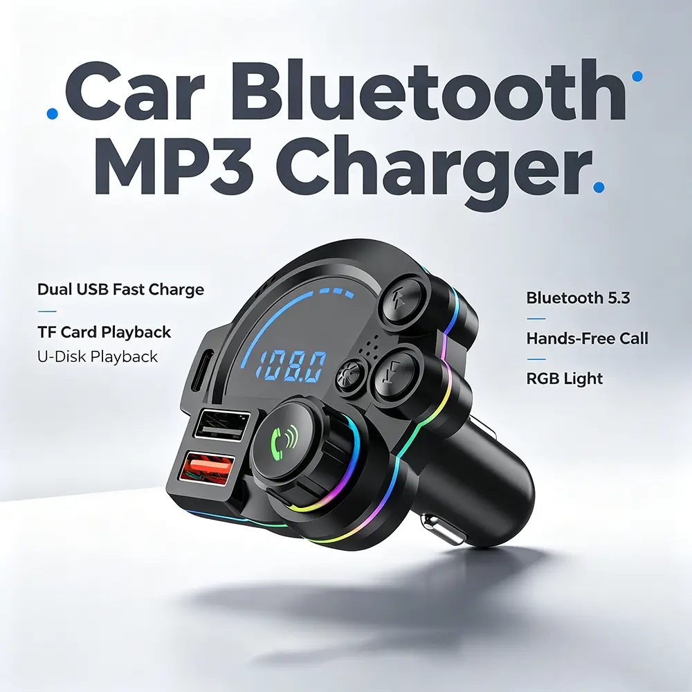 GYIOEUPT Car Bluetooth 5.3 FM Transmitter with Type-C PD 30W Charger, Dual USB Fast Charge, Wireless MP3 Player, Bass Enhancer, RGB Rainbow LED Light, Hands-Free Calling Audio Adapter, Stable Connection, Car Play Compatible for 12/24V Vehicles lightning