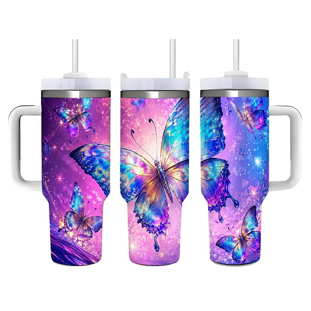 40oz Colorful Dreamy Butterfly Galaxy Pattern Stainless Steel Tumbler， Tumbler with Handle and Straw Double Wall Vacuum Insulated Travel Mug， Coffee Cups With Lids， Perfect Gifts For Birthday Holidays.