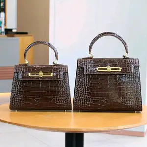 2025 Premium Kelly Summer New Design Women's Fashion Handbag, Coffee Color Crocodile Embossed Platinum Bag, Suitable For OL Commuting And Versatile Office Use, Petite Structured Square Bag, Versatile Shoulder & Crossbody Bag