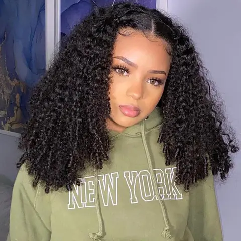 CurlyMe V Part Kinky Curly Hair Glueless Wig Pre-plucked - Natural Black, 180% Density Outdoorfun