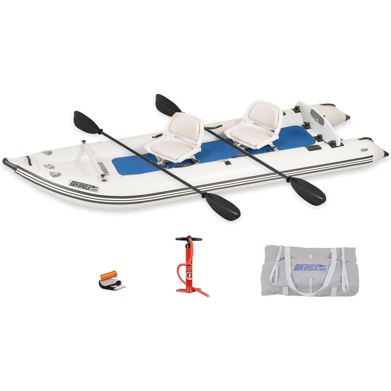 Sea Eagle 437ps PaddleSki Inflatable 1-2 Person Catamaran Boat – Paddle, Motor, Fish, or Sail – 4-in-1 Inflatable Watercraft – Self Bailing