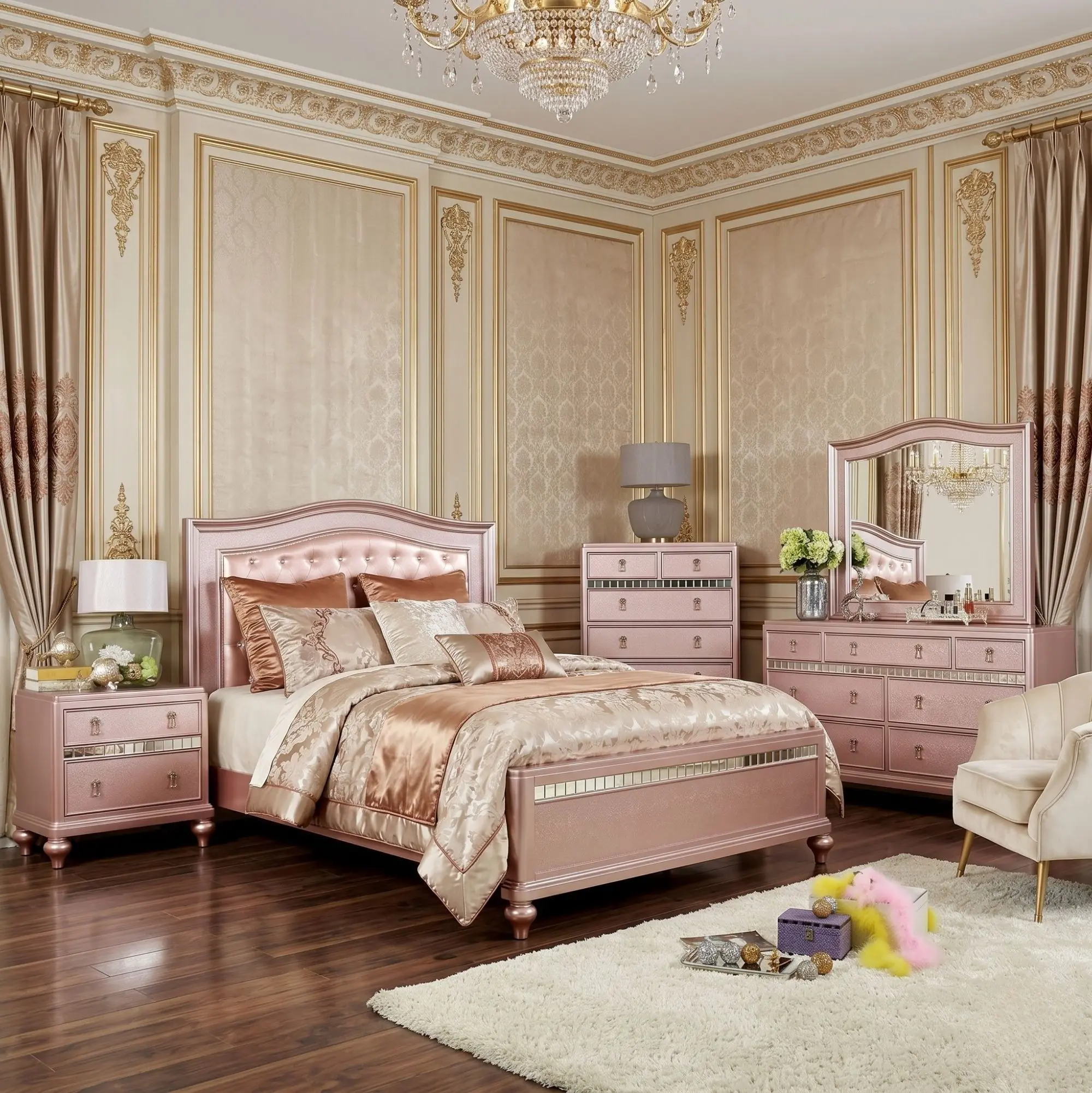 Ariston Platform Bed with Tufted Headboard & Mirror Trim By FOA