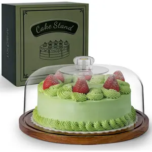 Cake Stand with Dome Lid, Acacia  Cake Plate with Cover, Wooden Cake Display Stand with  Dome - Flat