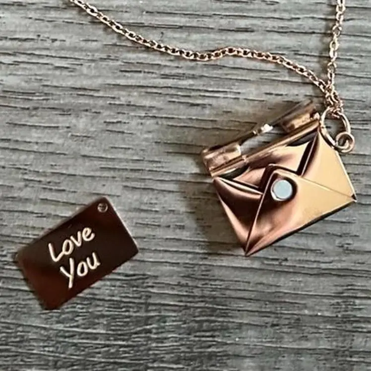 Rose Gold Love Letter Envelope Pendant Necklace Stainless Steel Design for Men & Women Featuring Love You Charm with Magnetic Closure