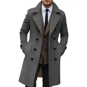 Elegant Men's Gray Tweed Pea Coat - Warm, Double-Breasted, Long Sleeve with Side Pockets & Brown Trim - Casual Solid Color Winter Cardigan for Streetwear, Casual Streetwear|Doublebreasted Design|Buttonup Coat