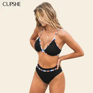 CUPSHE TikTokShopSpringGlowUp Waffle Knit Bralette & Bottoms Set Summer Bikini AdjustabIe Cross Back Straps Multi Color Contrast Trim Swimwear Swimsuit Season Bathing Suits SpringStatements