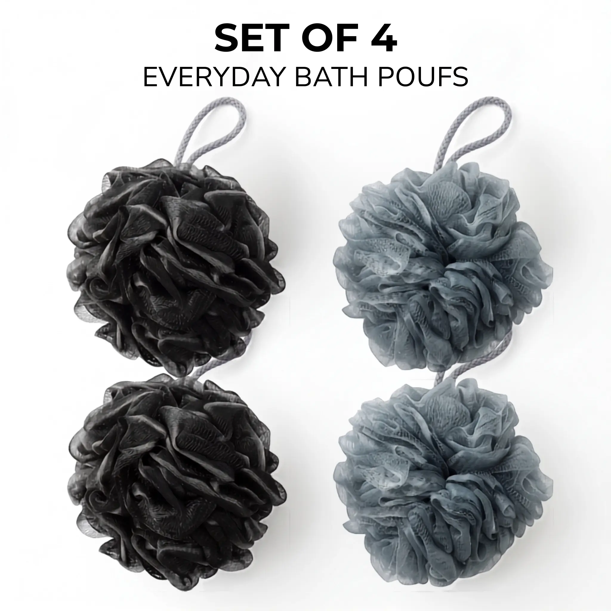 4-Pack Fluffy Mesh Bath Loofah Set, Modern Bathroom Accessories with 5 In-1 Soft Texture, Rich Lather, Hanging Loop, and Quick-Drying Design, High-Tenacity