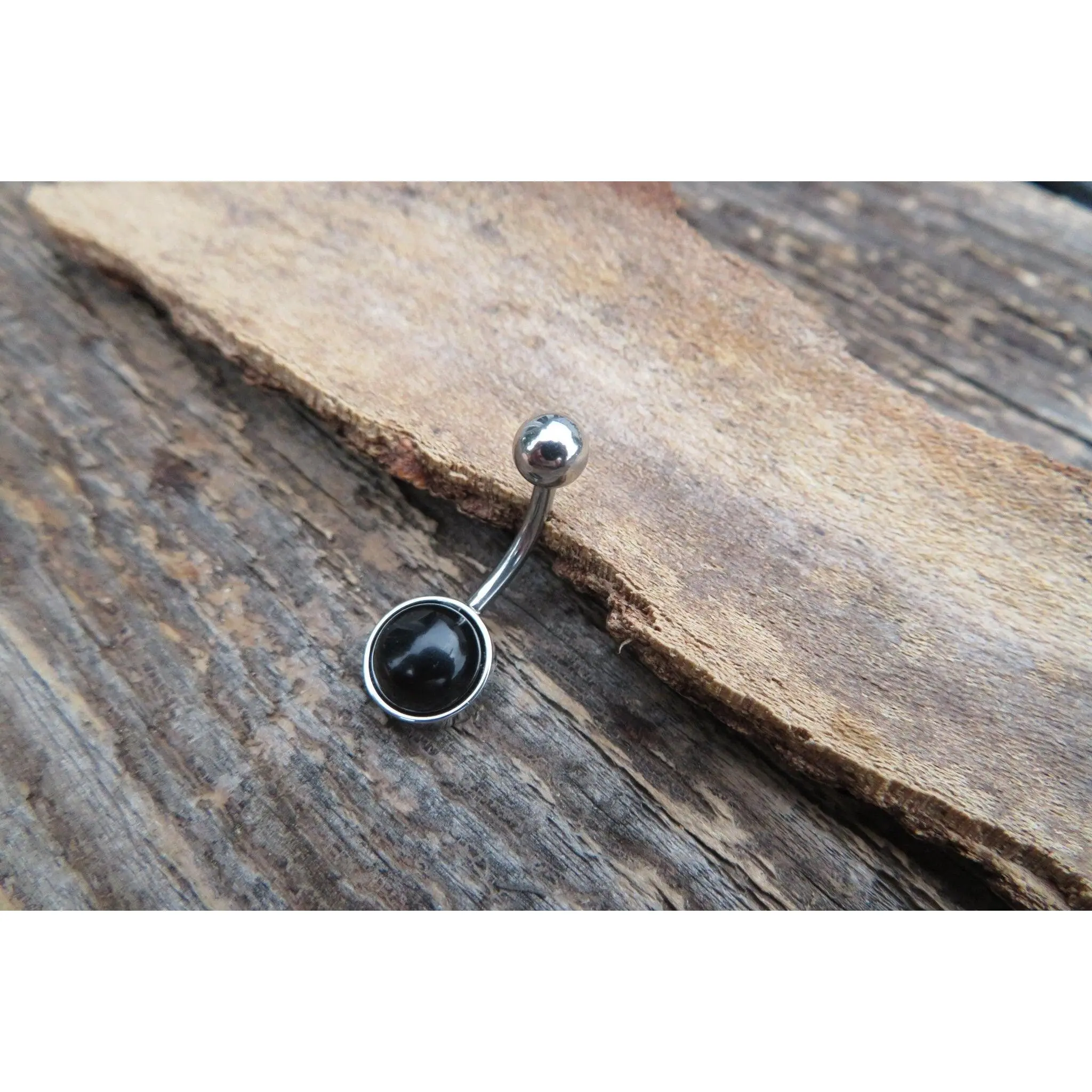Black Obsidian Minimalist 6mm or 8mm Natural Stone 100% Surgical Steel Belly Ring 14g (1.6mm)